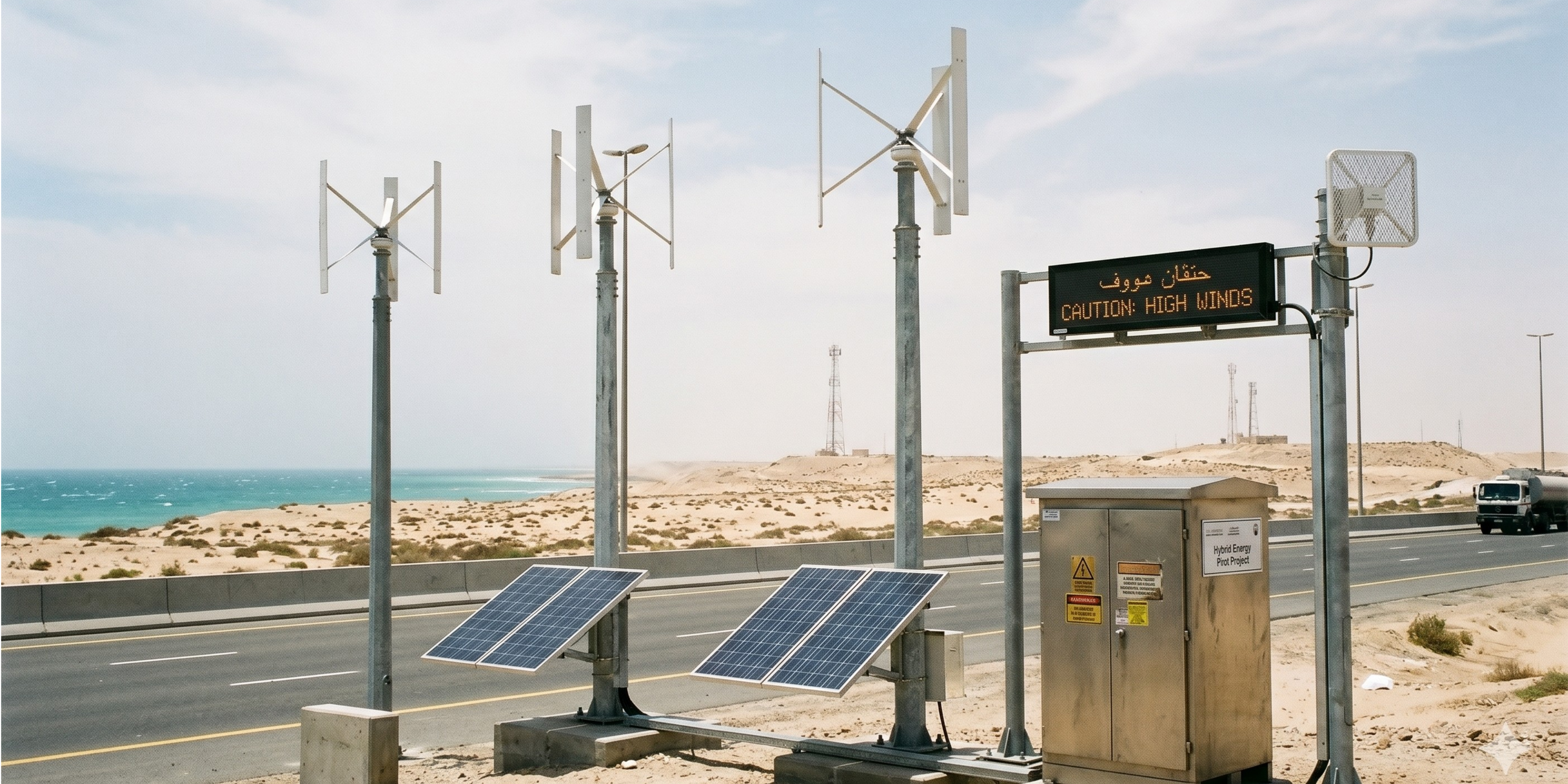 Solar panels and wind turbines on a roadside with ocean view