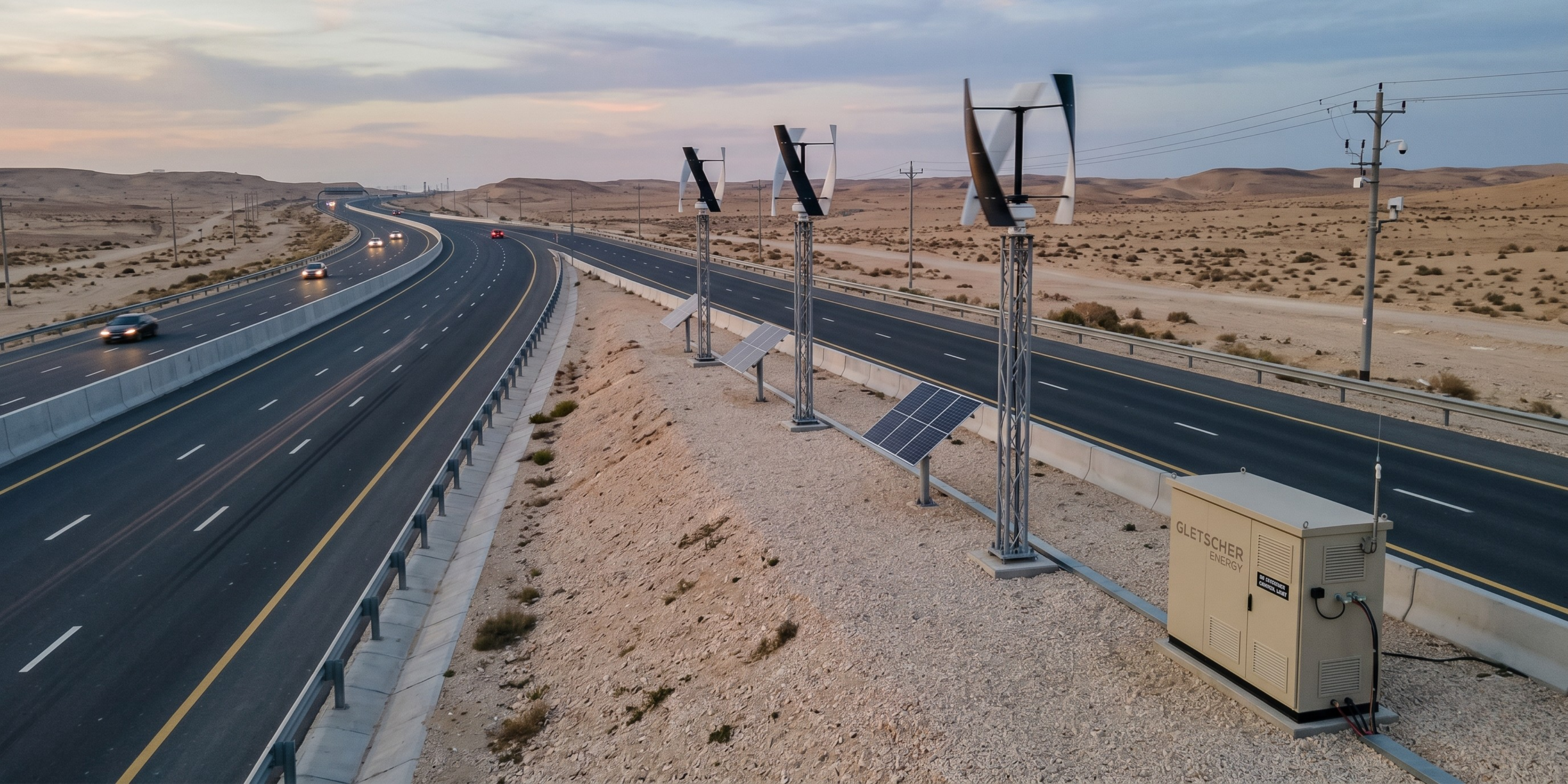 Desert highway with solar panels on the side